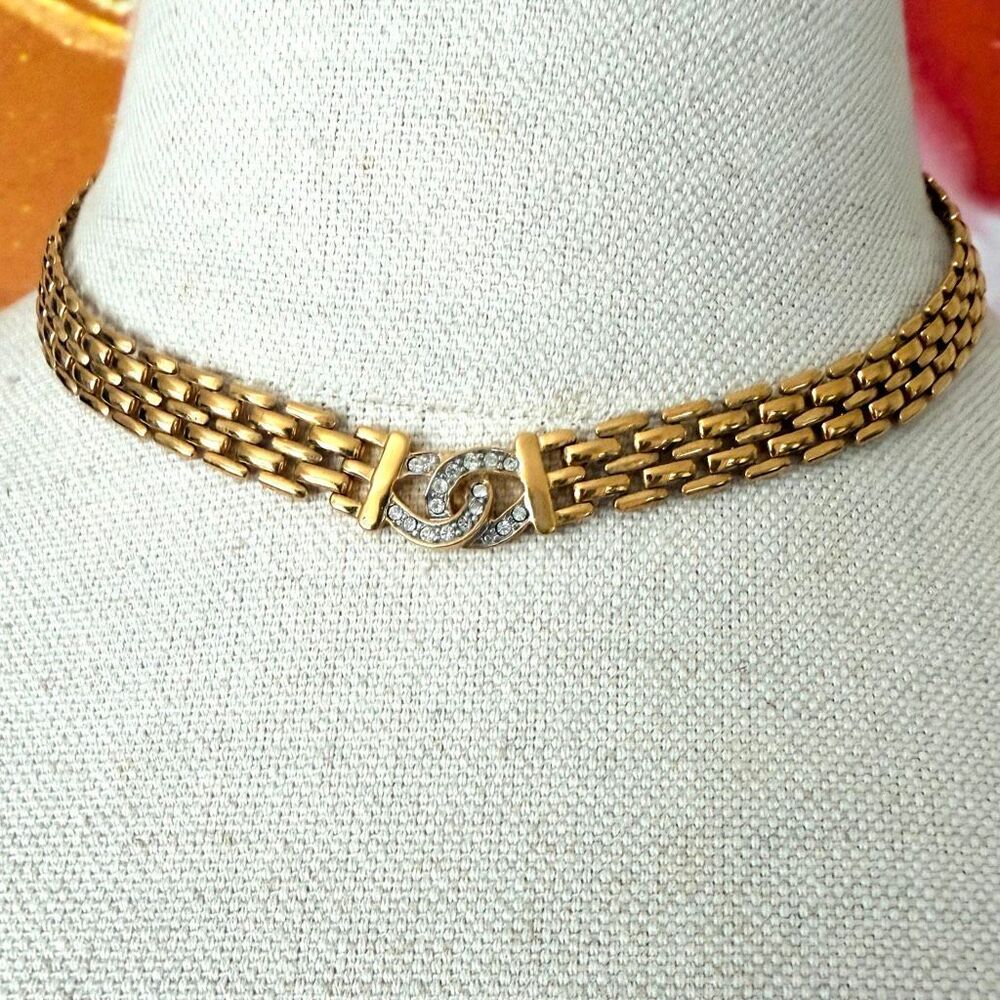 Vintage AFJ Gold Tone Rhinestone Choker Necklace